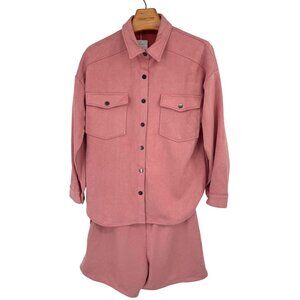 Kirundo Womens Pink Button-Down faux suede Shirt & Shorts Set size Medium new